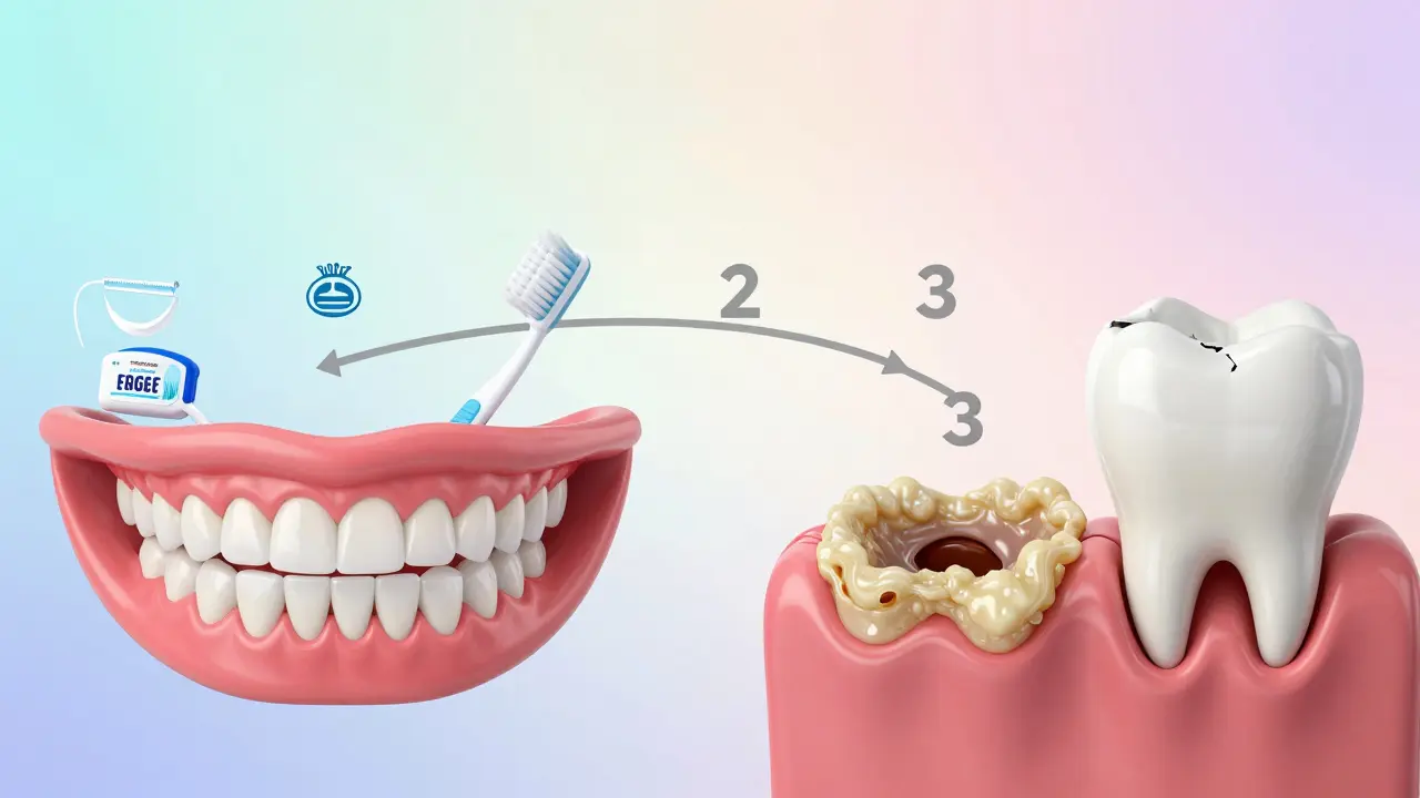 Dvoustranné srovnání zdravých a poškozených zubů s příznaky špatné hygieny.