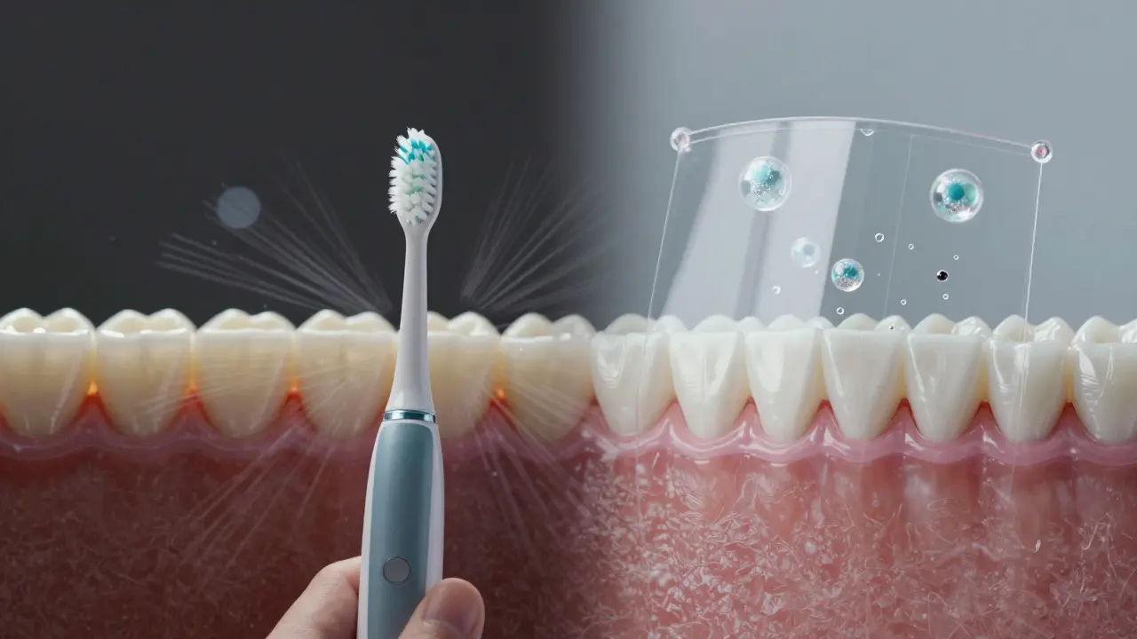 Elektrický kartáček čistí zuby, zatímco fluoridové molekuly chrání sklovinku před kyselinami.