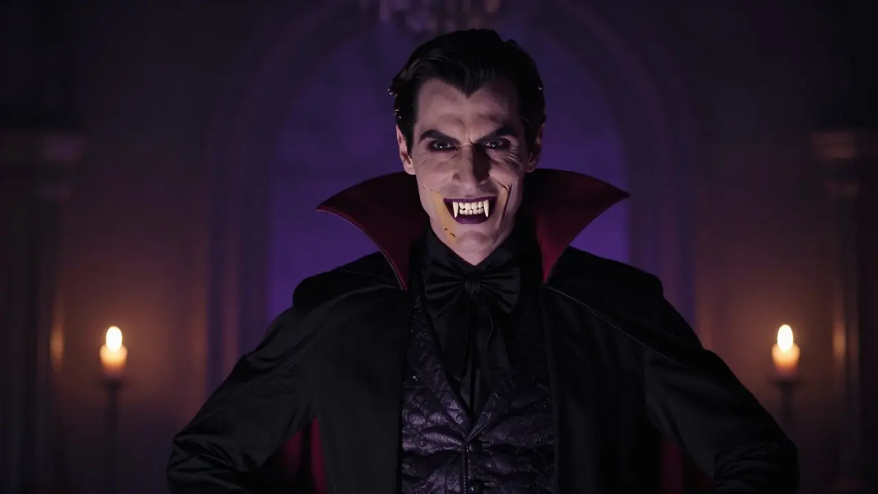 Kostymovaná postava s nasazenými upířskými zuby při svitu