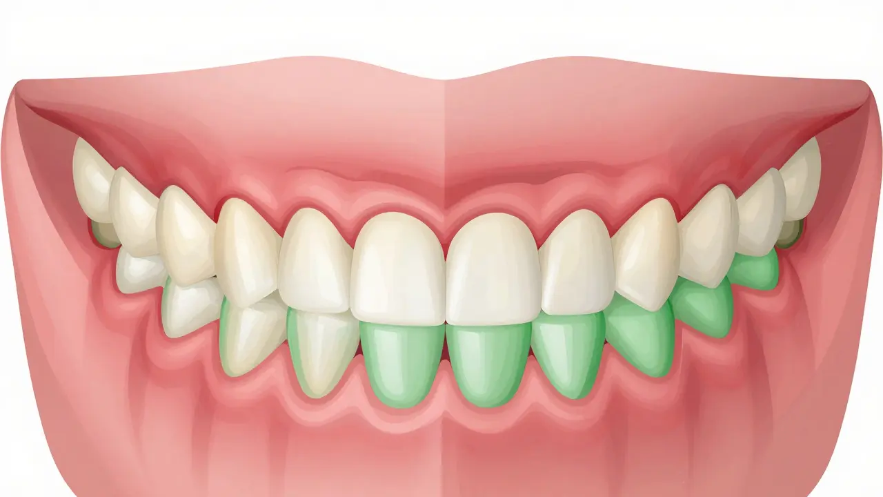 Křížový řez čelisti ukazující nerovnoměrný kontakt zubů před a po broušení, s vyznačenými oblastmi tlaku.