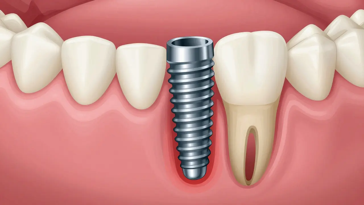 Křížový řez zubního implantátu s příznaky zánětu kolem základny.