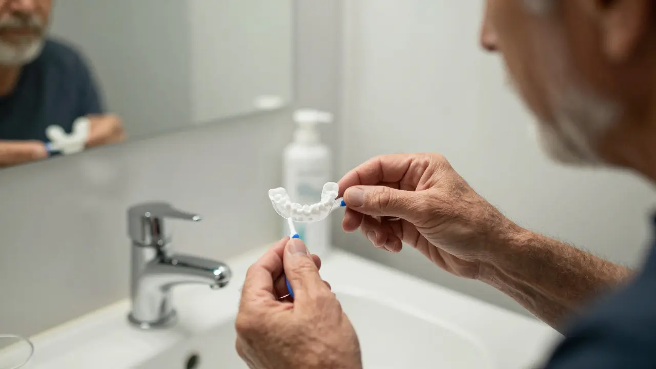 Muž čistí svou protézu ve vaně pomocí kartáčku a tablety.