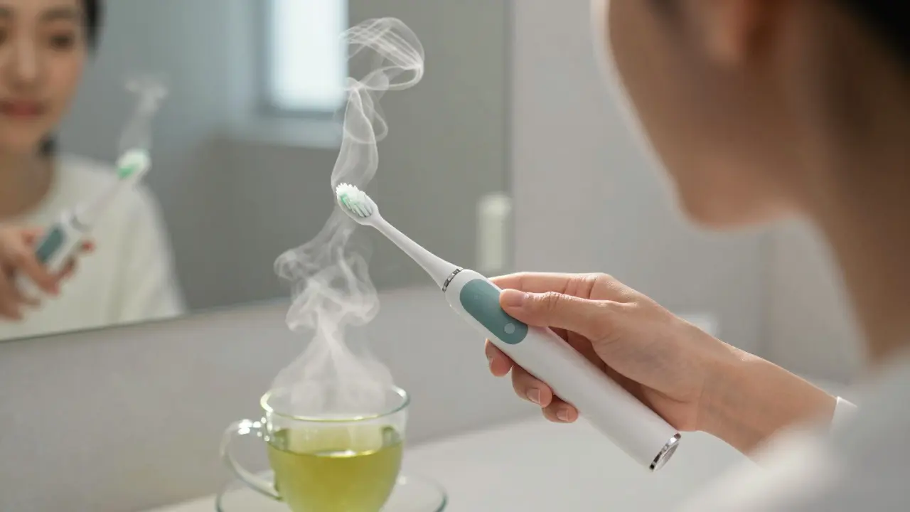 Osoba čistí zuby elektrickým kartáčkem s jemným pohybem, světlo z okna osvětluje její obličej.