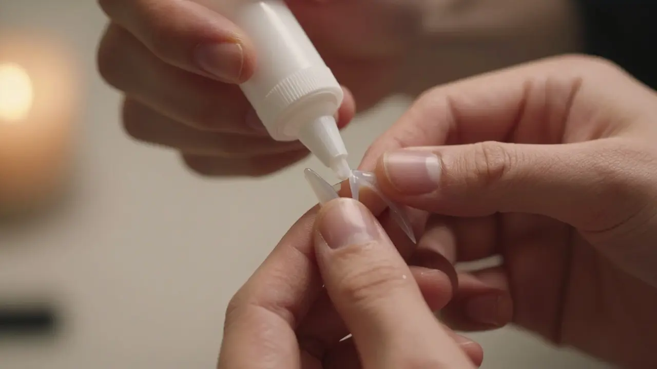 Osoba nanáší lepidlo na umělé zuby před aplikací