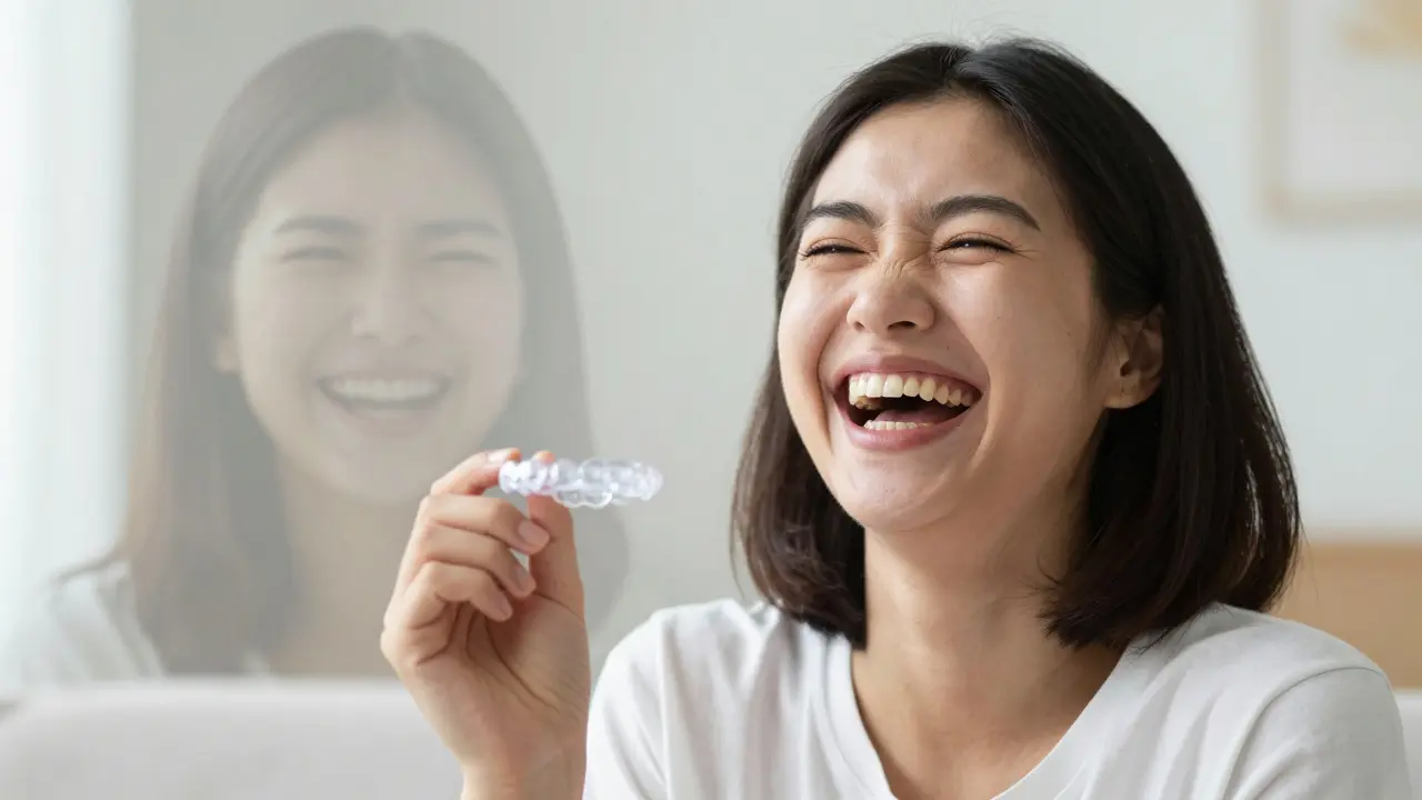 Osoba se směje s retainerem v ruce, její nový úsměv je otevřený a svobodný.