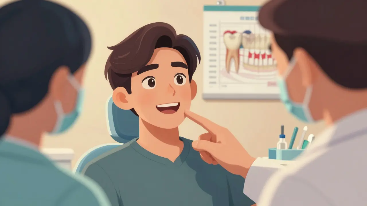 Pacient ukazuje na zub a hovoří s dentistou, symbolizující aktivní účast ve zdravotní péči.