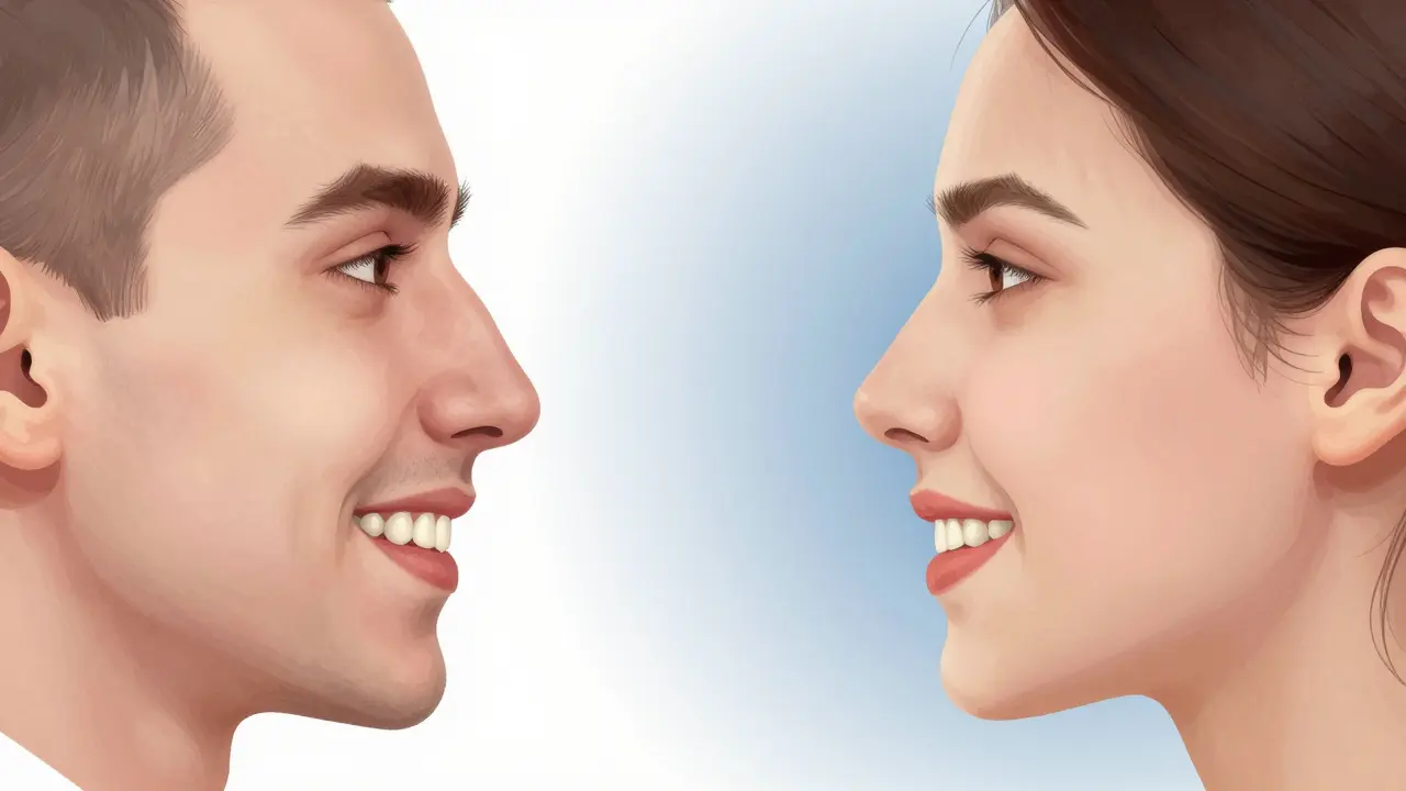 Porovnání profilu před a po ortodontické léčbě s přirozenějším obrysem čelisti.