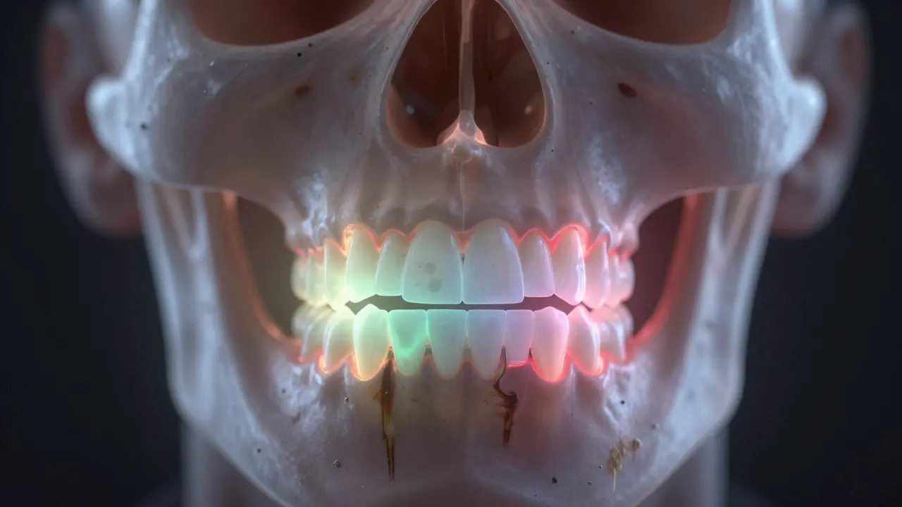Přehled lebky s prosvítajícími zuby, kde různé barvy označují různé problémy s ústním zdravím.