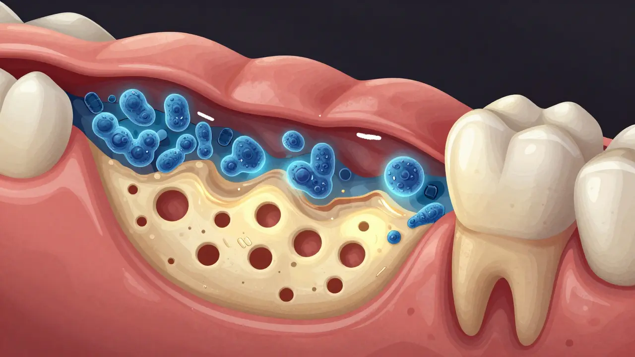 Příčný řez zubem s poškozenou sklovinkou a bakteriemi, které jsou zakryté zubním kamenem.