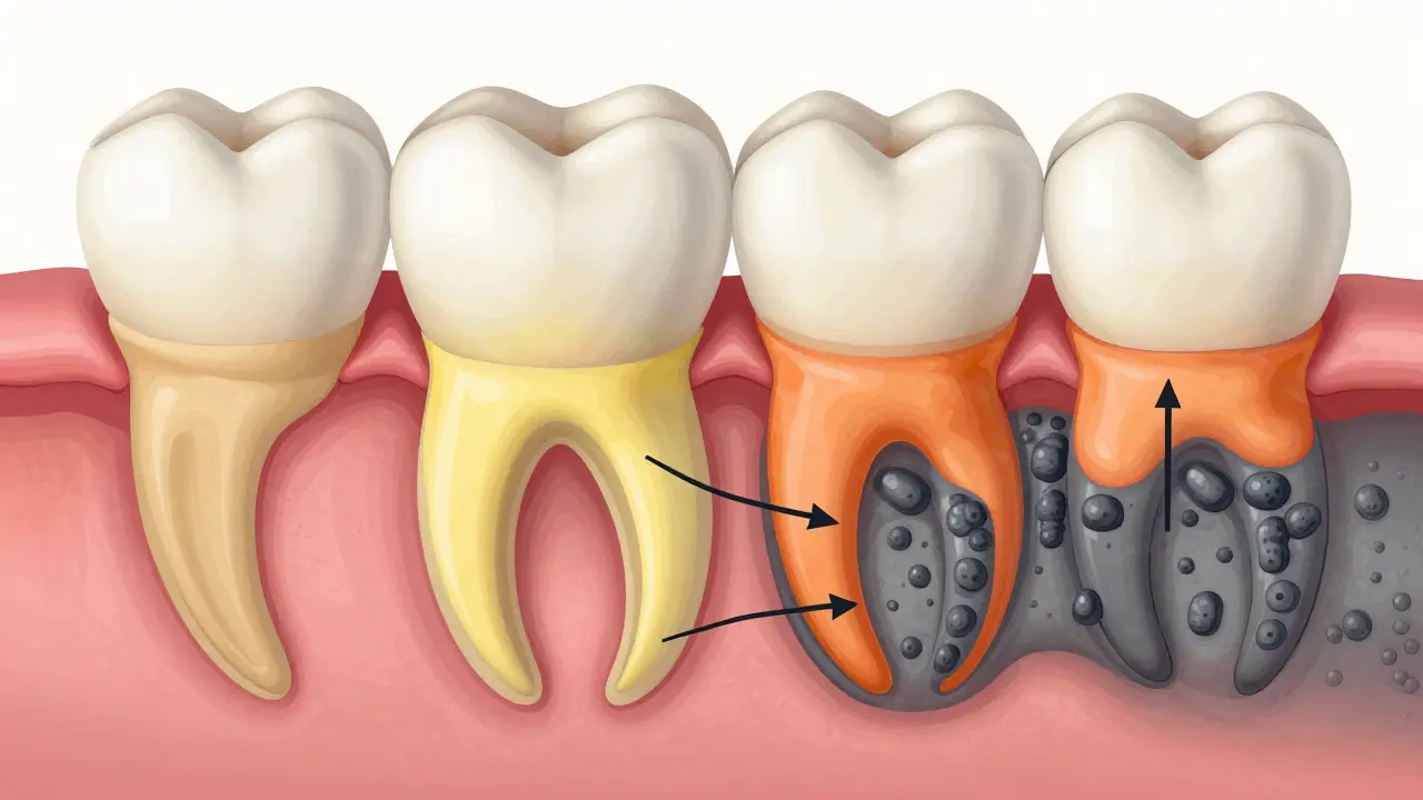 Průřez zubu a dásně ukazující postupnou mineralizaci plaku do kamene s označenými vrstvami.