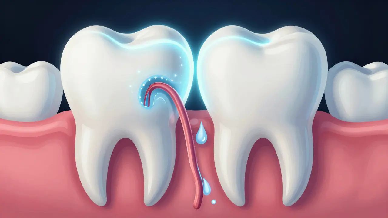 Průřez zubu s fluoridovou ochrannou vrstvou a uklidňujícím účinkem potasového nitratu na nerv.