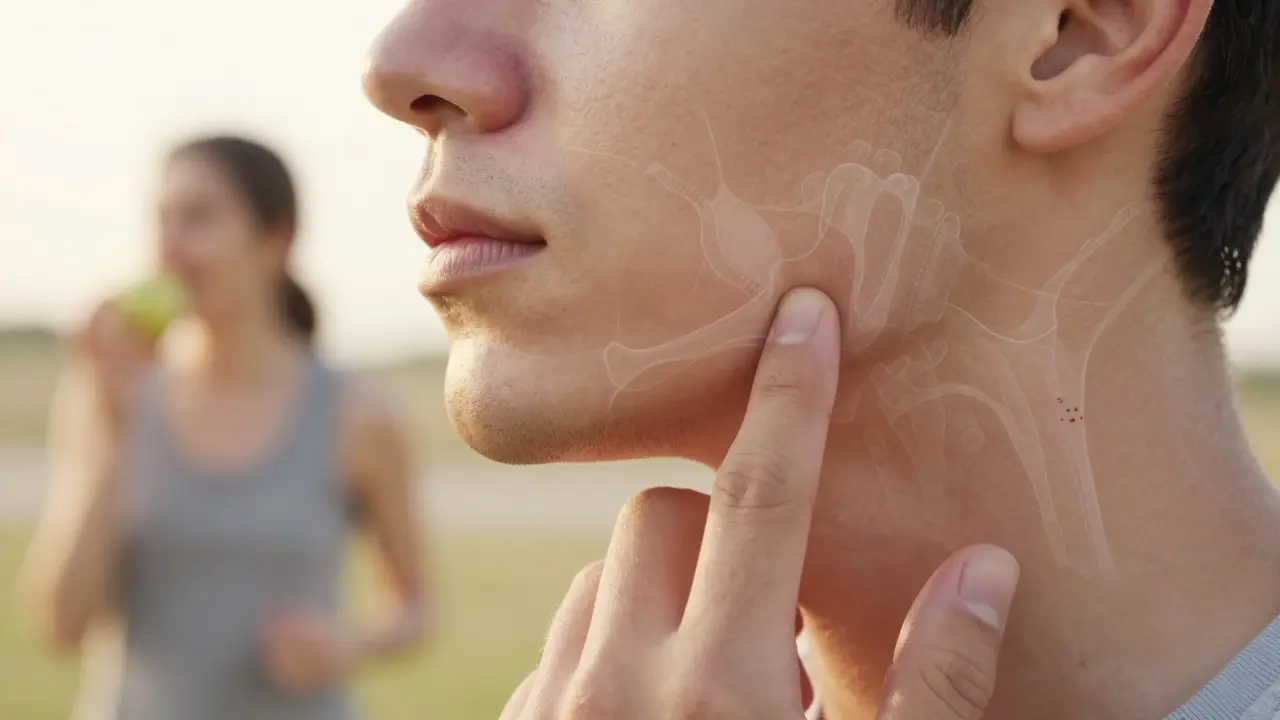 Ruka dotýkající se zdravé čelisti po šesti týdnech, s přechodným překryvem regenerující kosti