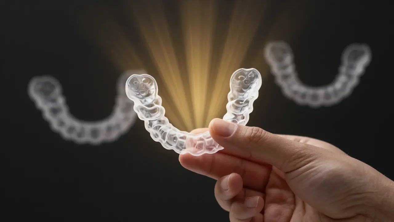 Ruka drží průhlednou fazetu, zuby se v pozadí pomalu vrací zpět.