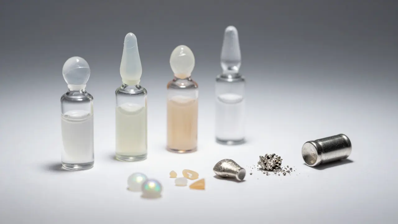 Různé materiály pro zubní výplně na bílém pozadí