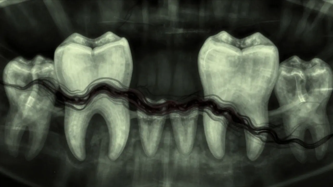 Skrytý mezizubní kaz mezi zubem moudrosti a sousedním zubem, znázorněný temnými stíny šířícími se po sklovině.