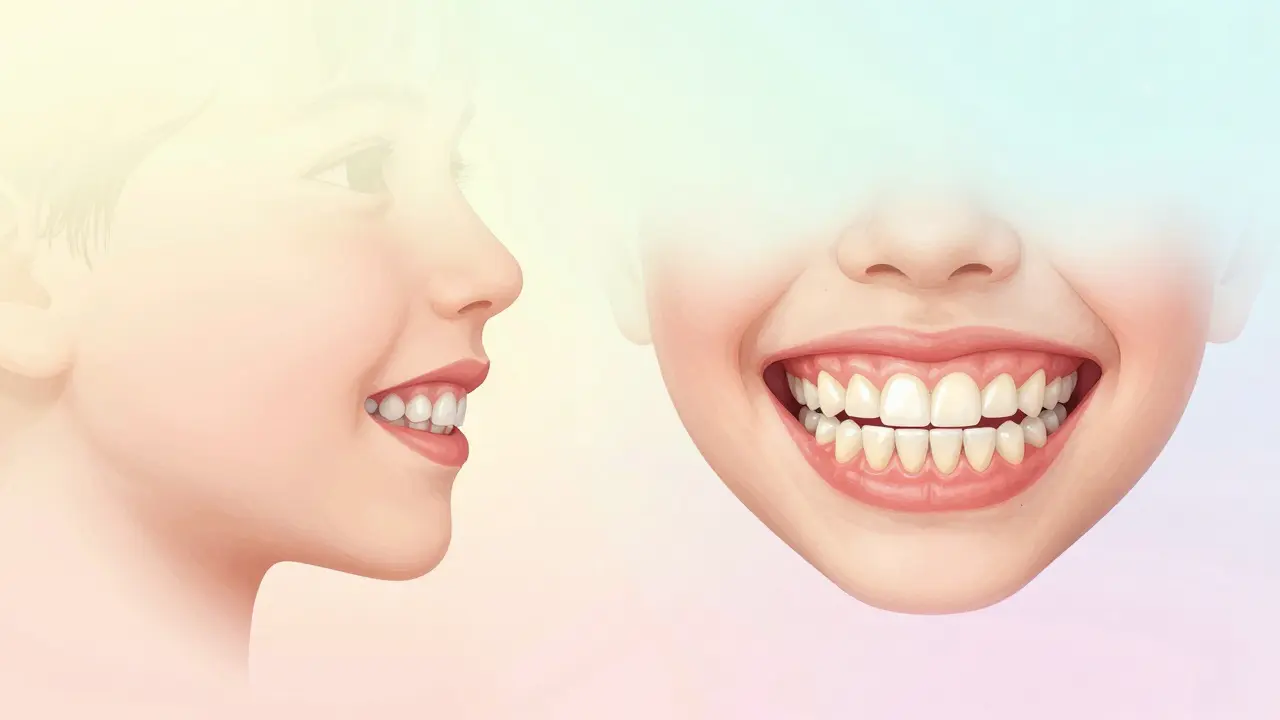 Srovnání vývoje čelisti: špatně vyvinutá vs. správně vyvinutá čelist s ortodontickým zařízením.