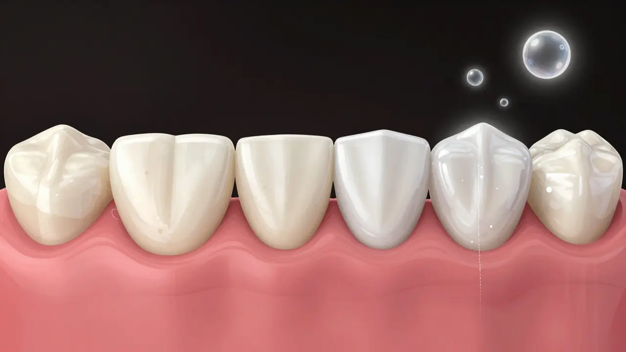 Srovnání zdravých zubů s poškozenými, kde je sklovině poškozena chemickým bělením.