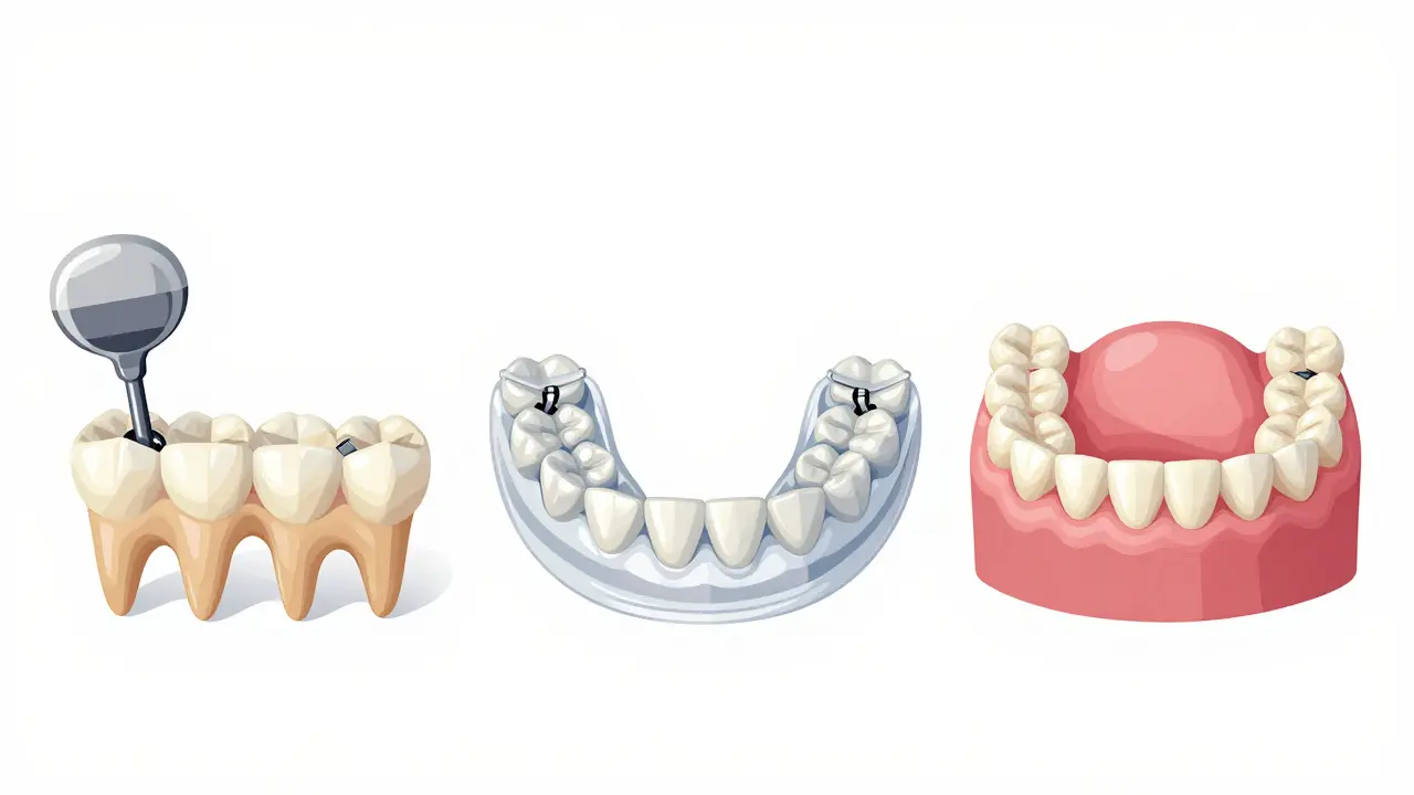 Three types of dental prosthetics: bridge, partial denture, and Maryland bridge, shown side by side.