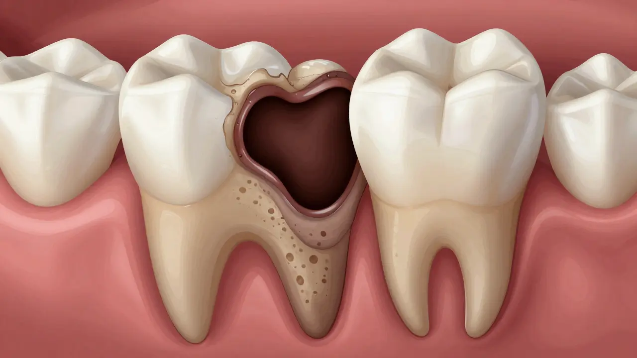 Tmavý kaz mezi mléčnými zuby s odhaleným dentinem a zdravou sklovinou.