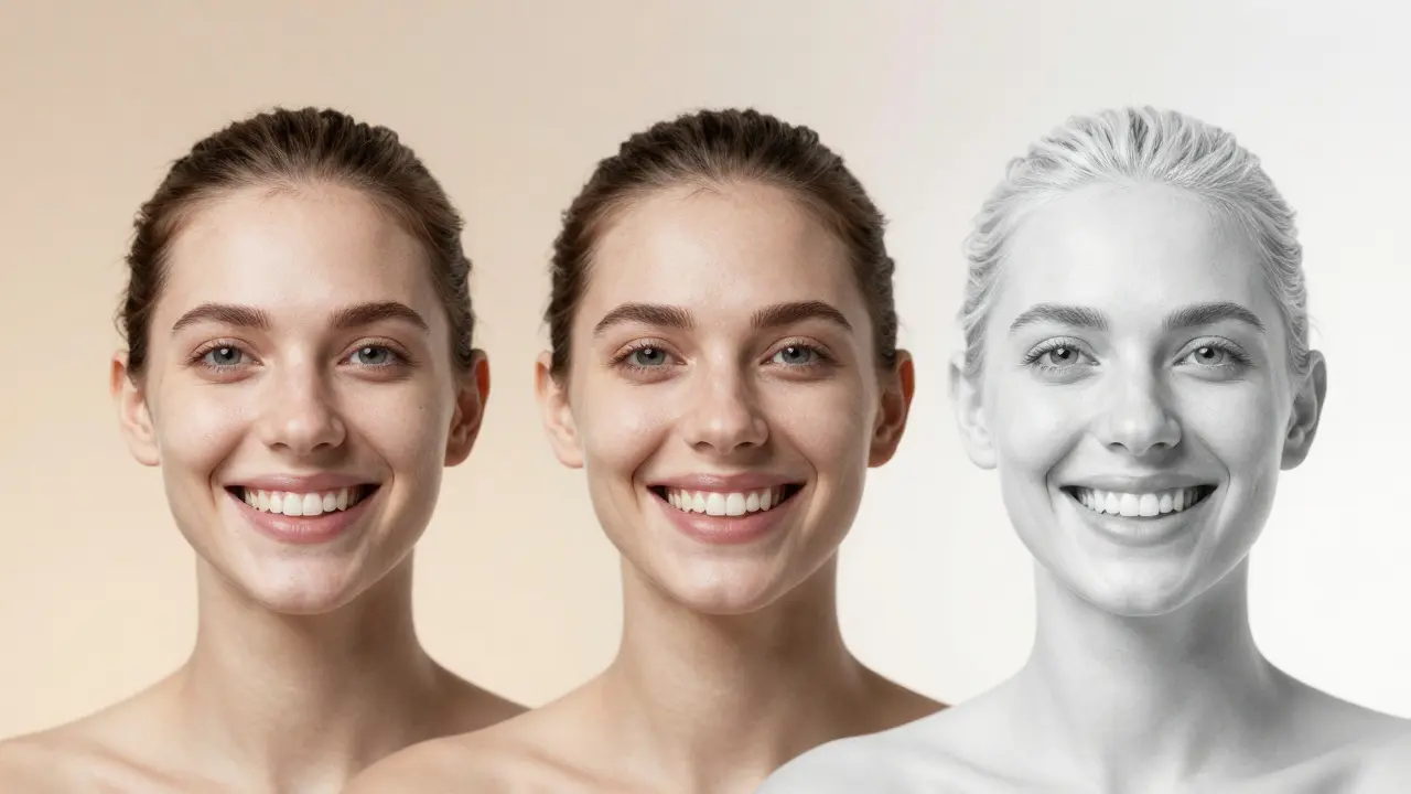 Tři různé úsměvy: přirozený, mírně bělící se a příliš bělý s průhlednými hranami.