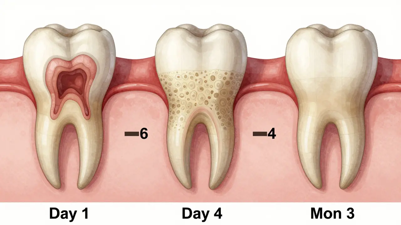 Vizualizace hojení jamky po vytažení osmicek v několika fázích: krevní sraženina, granulační tkáň, nová kost