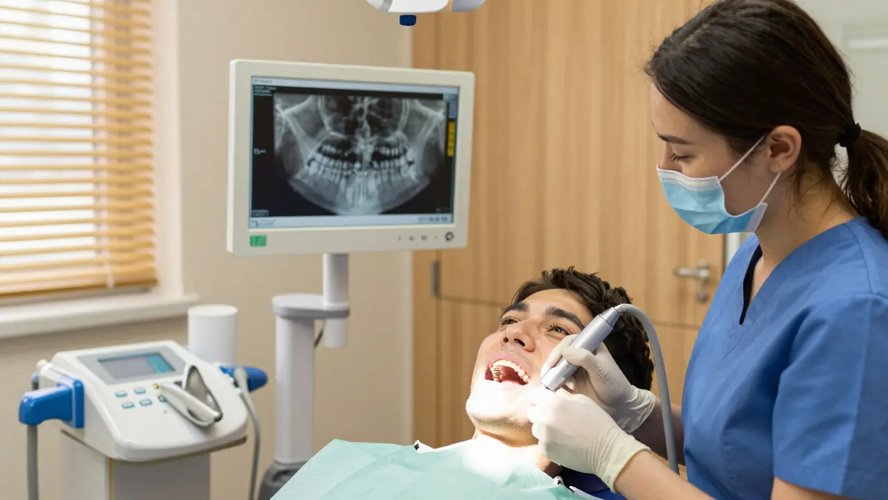 Zubní hygienistka čistí implantát ultrazvukem v klinice s digitálním rentgenem na pozadí.