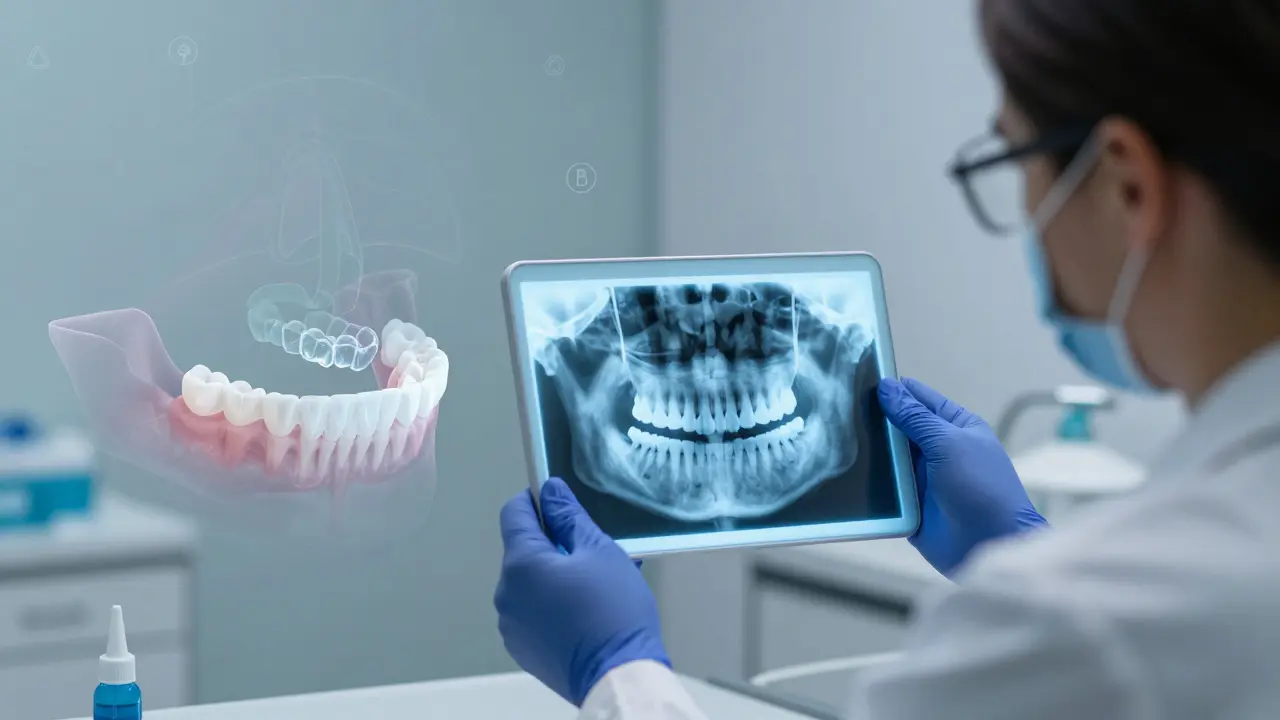 Zubní lékař analyzuje 3D rentgen čelisti, zatímco v pozadí se objevují následky nebezpečných domácích metod.