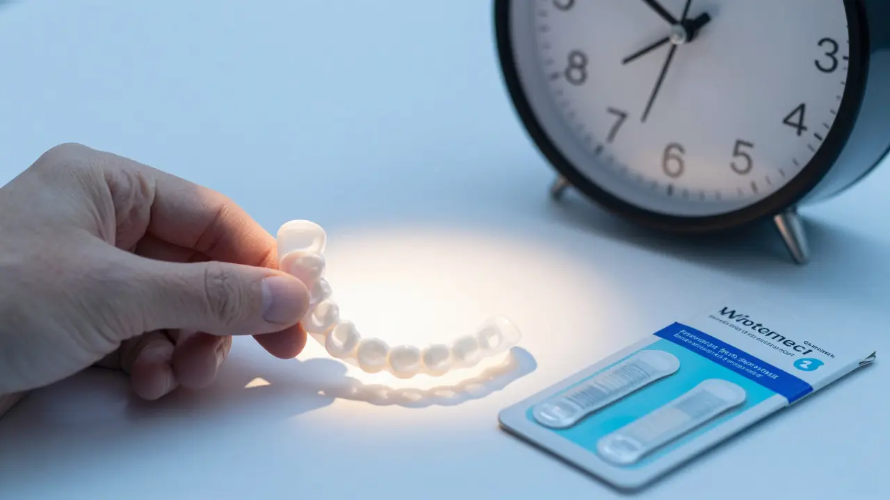 Zubní lékař drží přizpůsobenou vložku vedle bělicích pásů, symbolizující bezpečnější alternativu.