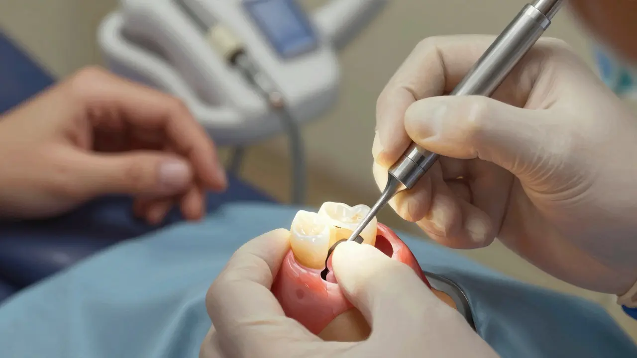 Zubní lékař opravuje prasklinu kompozitní výplní