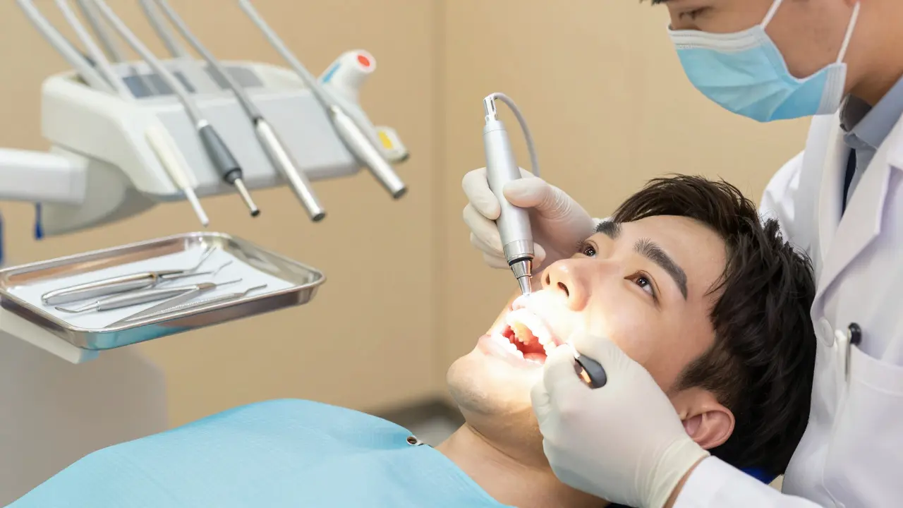 Zubní lékař prohlíží ústní dutinu pacienta pomocí LED kamery v klinice.