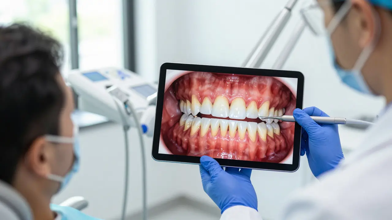 Zubní lékař ukazuje pacientovi digitální snímek zbarvených zubů na tabletu.