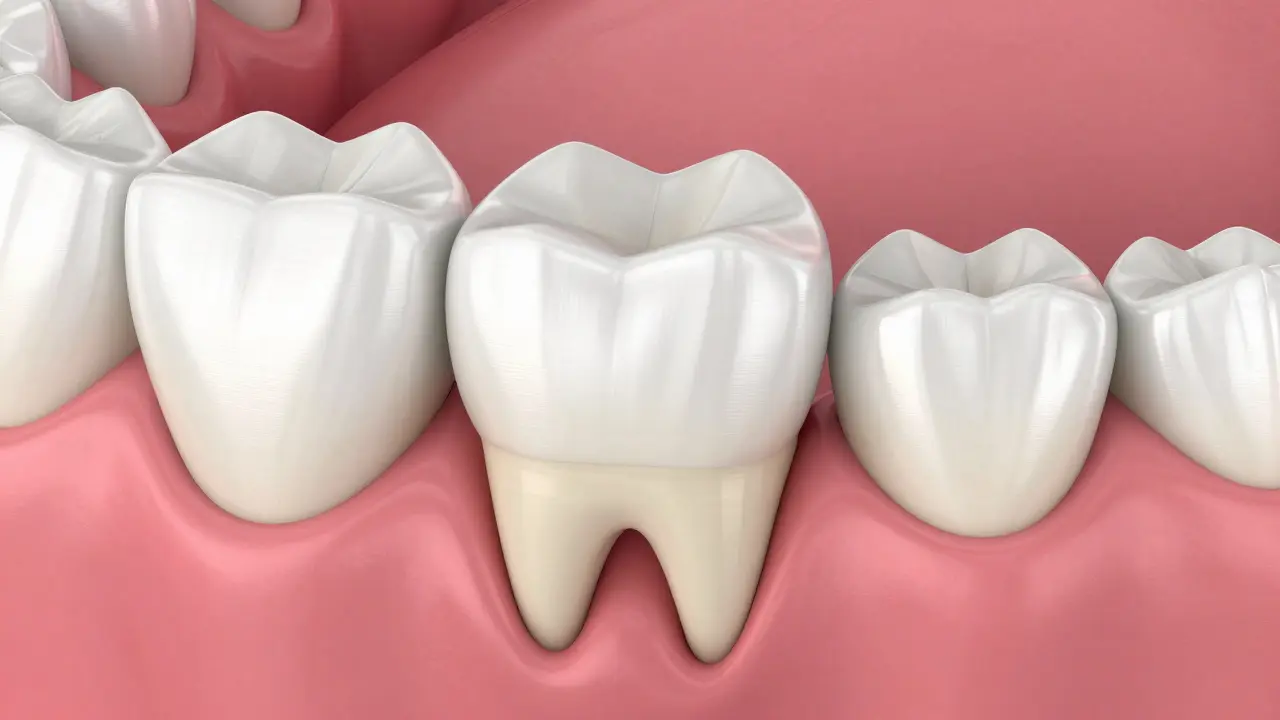 3D ilustrace konstrukce zubního můstku s opornými zuby a náhradním prvkem.