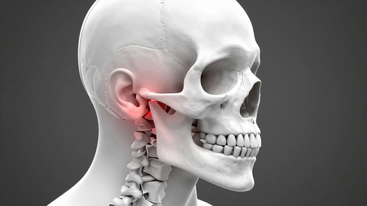3D ilustrace lebky s vyznačeným bolestivým Temporomandibulárním kloubem.
