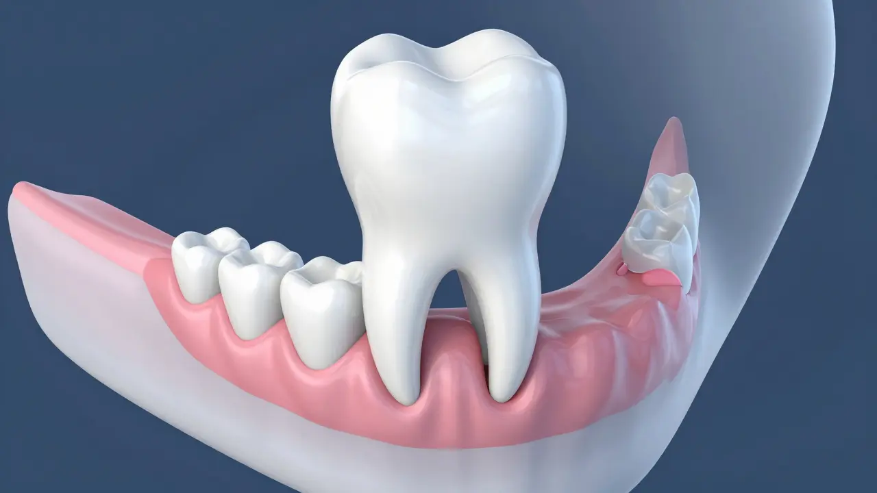 3D ilustrace procesu výměny mléčného zubu trvalým zubem v čelisti.