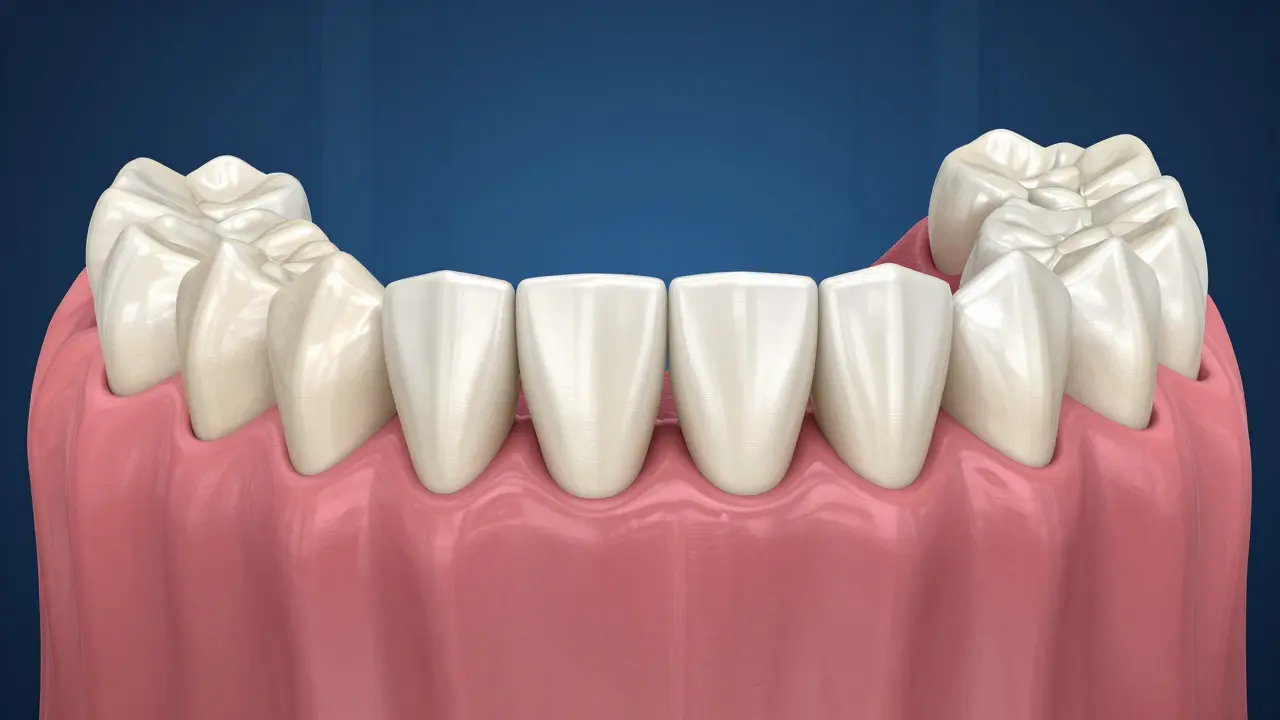 3D ilustrace různých typů zubů v čelistním oblouku.