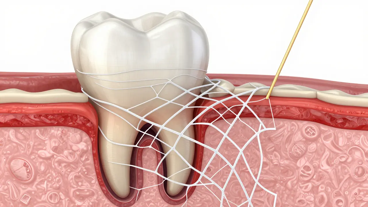 3D ilustrace sítě fibrinových proteinů tvořících ochrannou vrstvu v alveole.