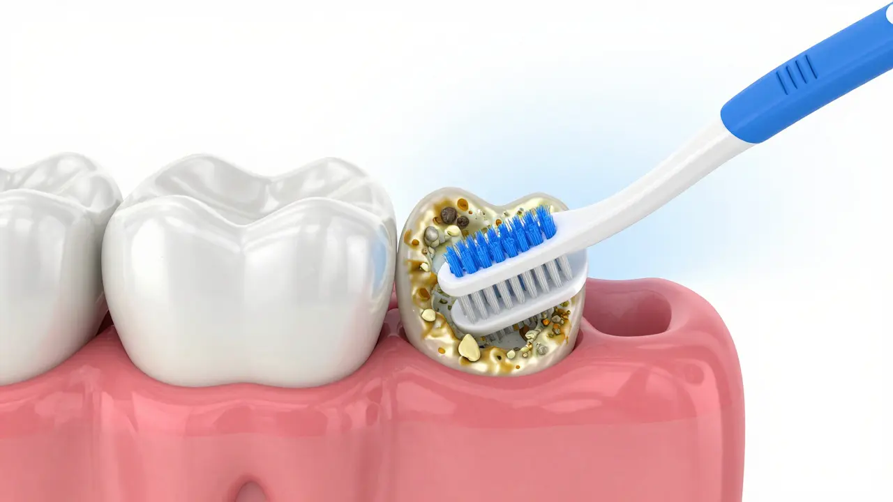 3D ilustrace ukazující správné použití mezizubního kartáčku k odstranění plaku mezi zuby.