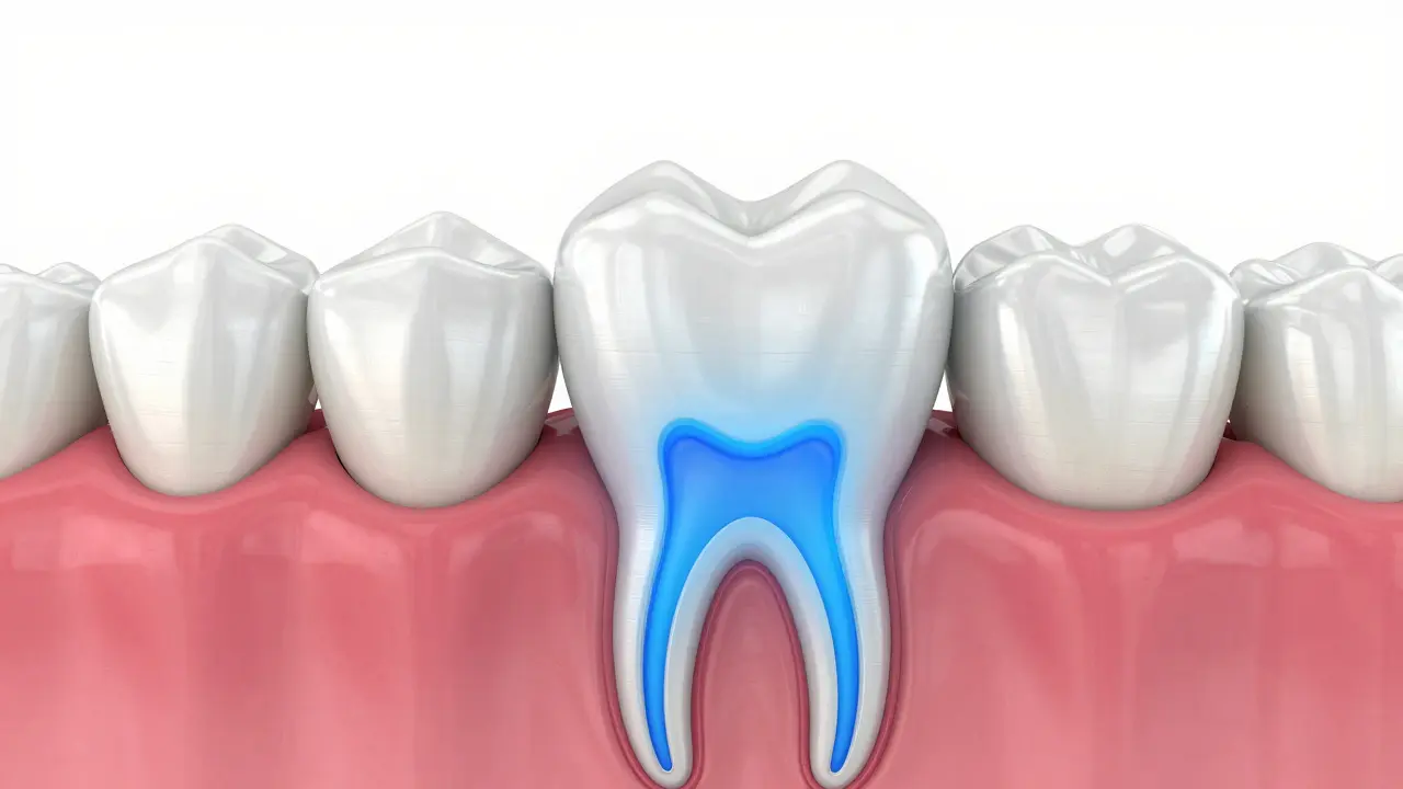 3D ilustrace v řezu znázornující, jak provizorní korunka chrání citlivou zubní dřeň.