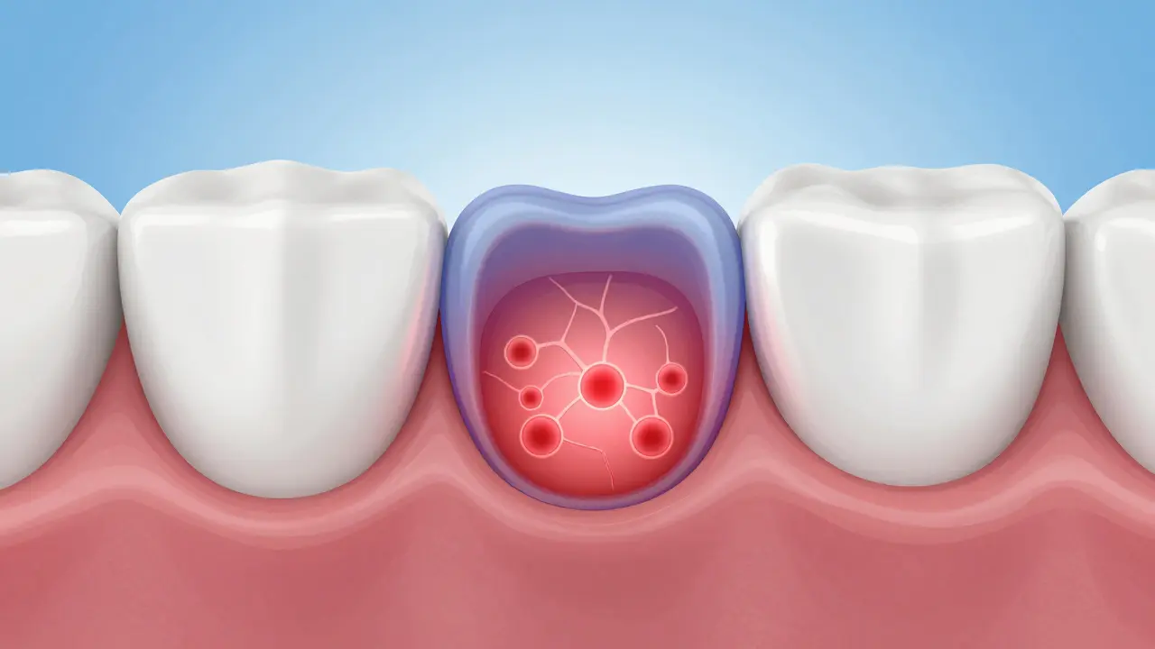3D ilustrace vnitřní reakce dásně a zánětu v místě po zubní injekci.