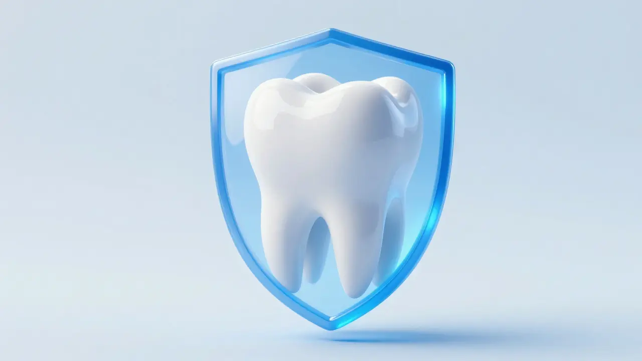 3D koncept zdravého zubu chráněného modrou štítovou vrstvou.