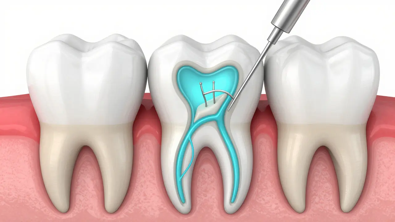 3D vizualizace čištění úzkých a zakřivených zubních kanálků pomocí specializovaných nástrojů.