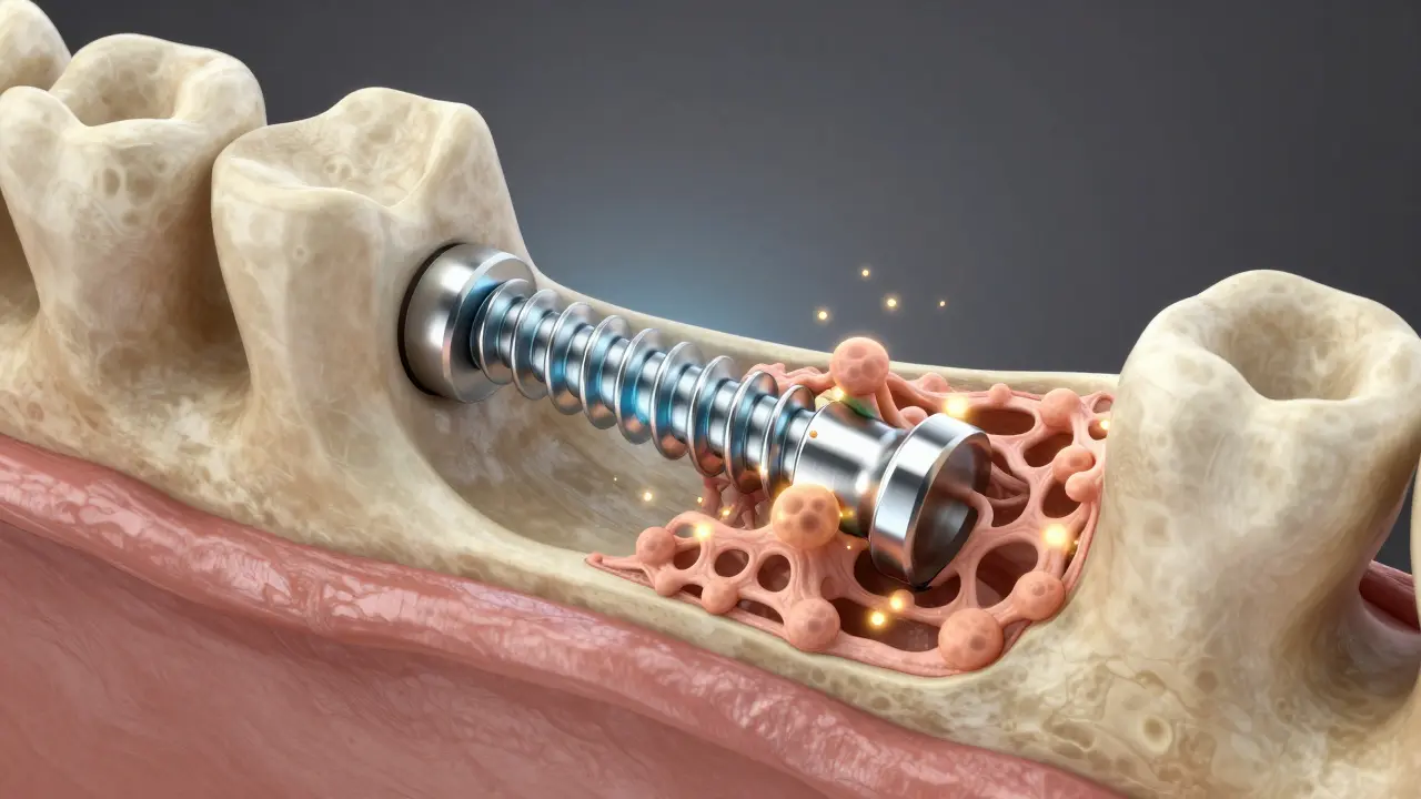 3D vizualizace procesu srostání titanového implantátu s kostí čelisti.