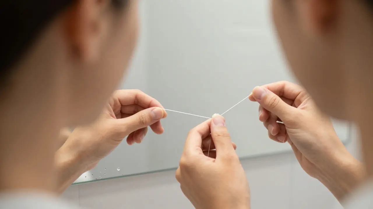 Člověk jemně používá dentální nit u zubu s provizorní korunkou před zrcadlem.