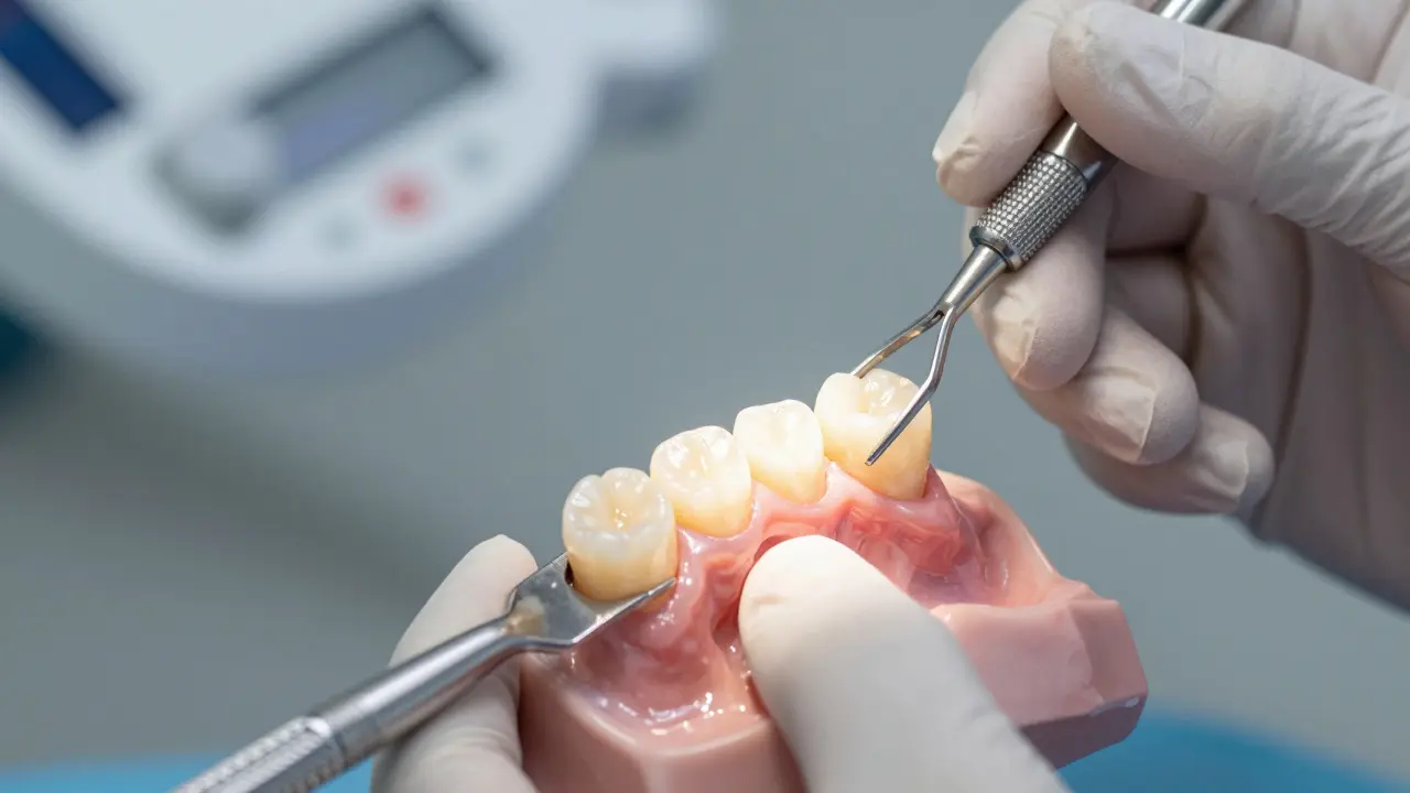 Detail nasazení kvalitní porcelánové zubní korunky na vyhojený zub.