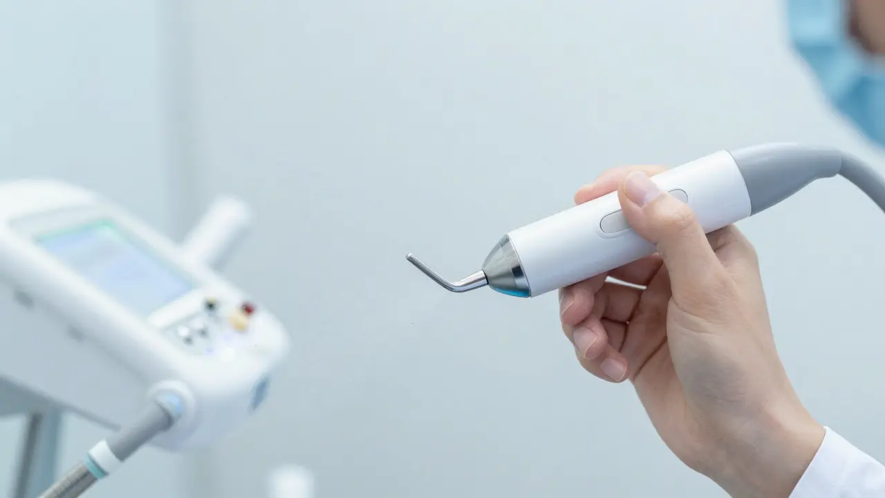 Detail profesionálního čištění zubů pomocí ultrazvukového přístroje a vody.