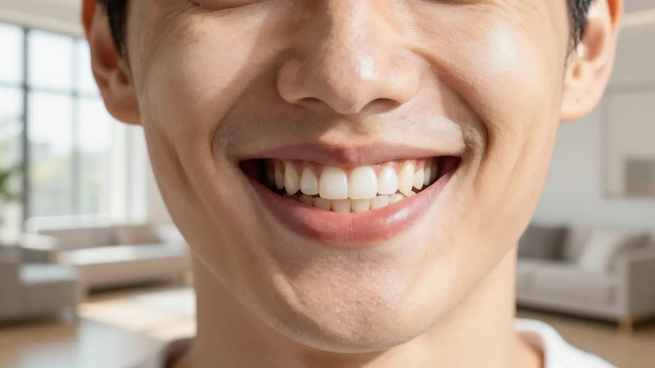 Detailní úsměv člověka s přirozeně vypadajícím keramickým zubním můstkem.