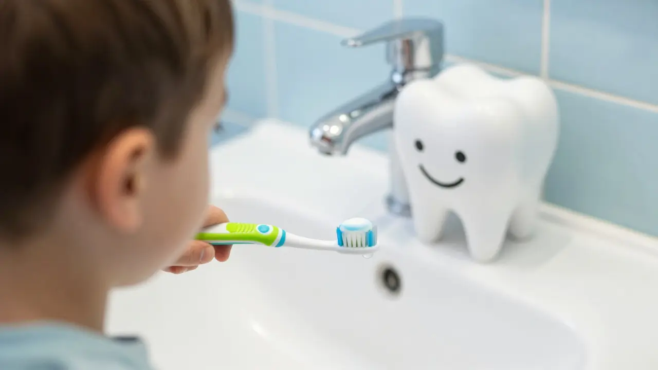 Dětský zubní kartáček s malým množstvím pasty na bílém umyvadle.