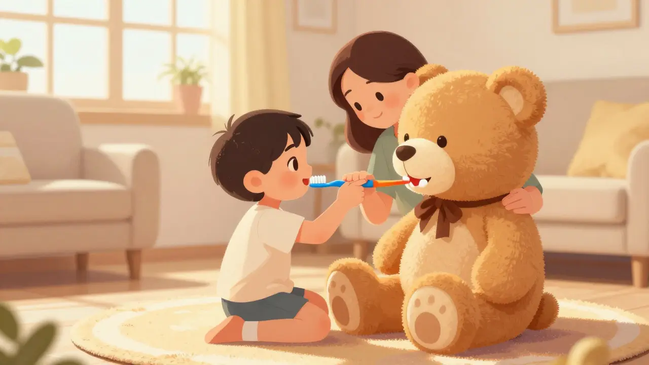 Dítě si hraje na zubaře s plyšovým medvědkem v obývacím pokoji.