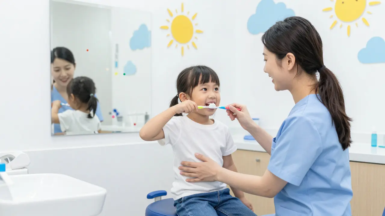 Dítě si v žínivé atmosféře dětské zubní ordinace čistí zuby.