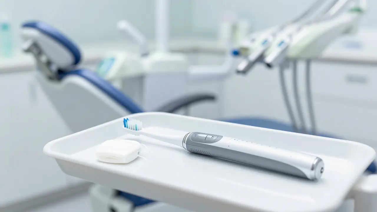 Elektrický kartáček a dentální nit v prostředí moderní zubní ordinace.